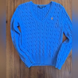 Vintage Ralph Lauren Sport Cable-Knit Cotton V-Neck Blue Sweater, Size M